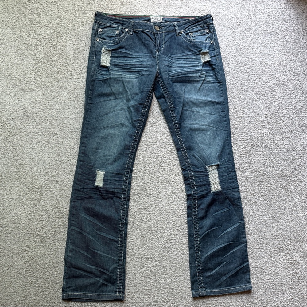 YNQ Distressed Women's Dark Wash Blue Denim Jeans Jean Younique Size 13 Low Rise